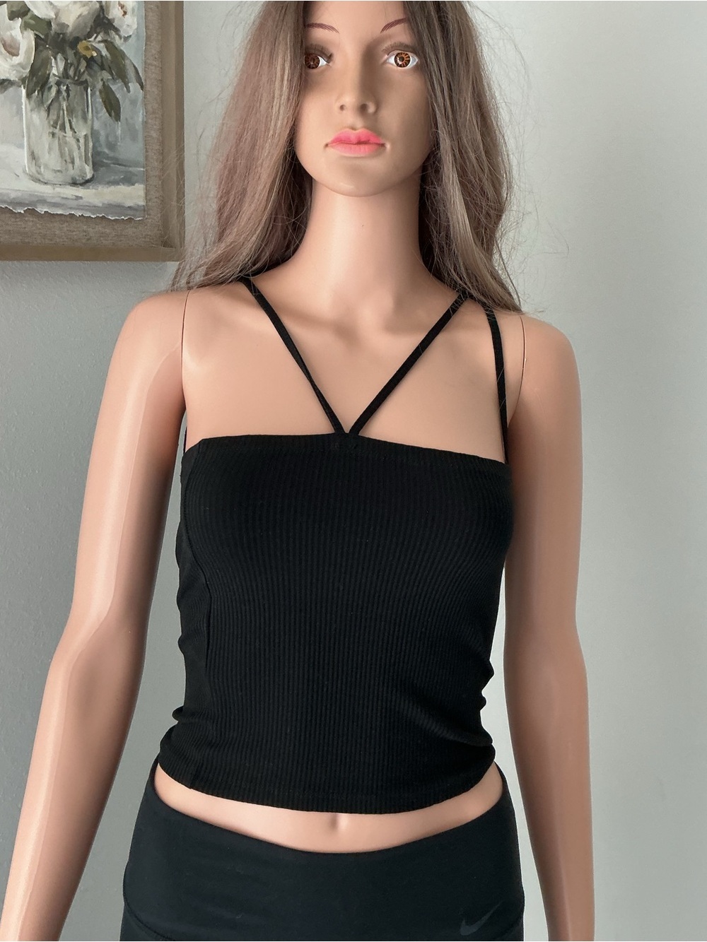 Zara Black Ribbed Strappy Crop Camisole